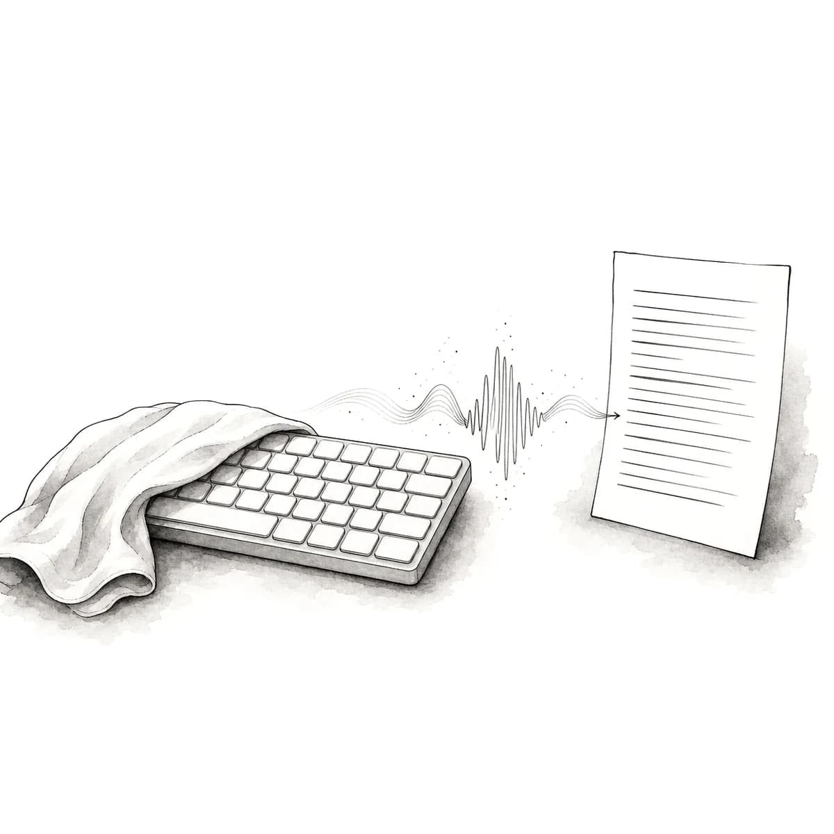 Ink illustration of a keyboard at rest under a cloth while a sound wave flows toward a written page