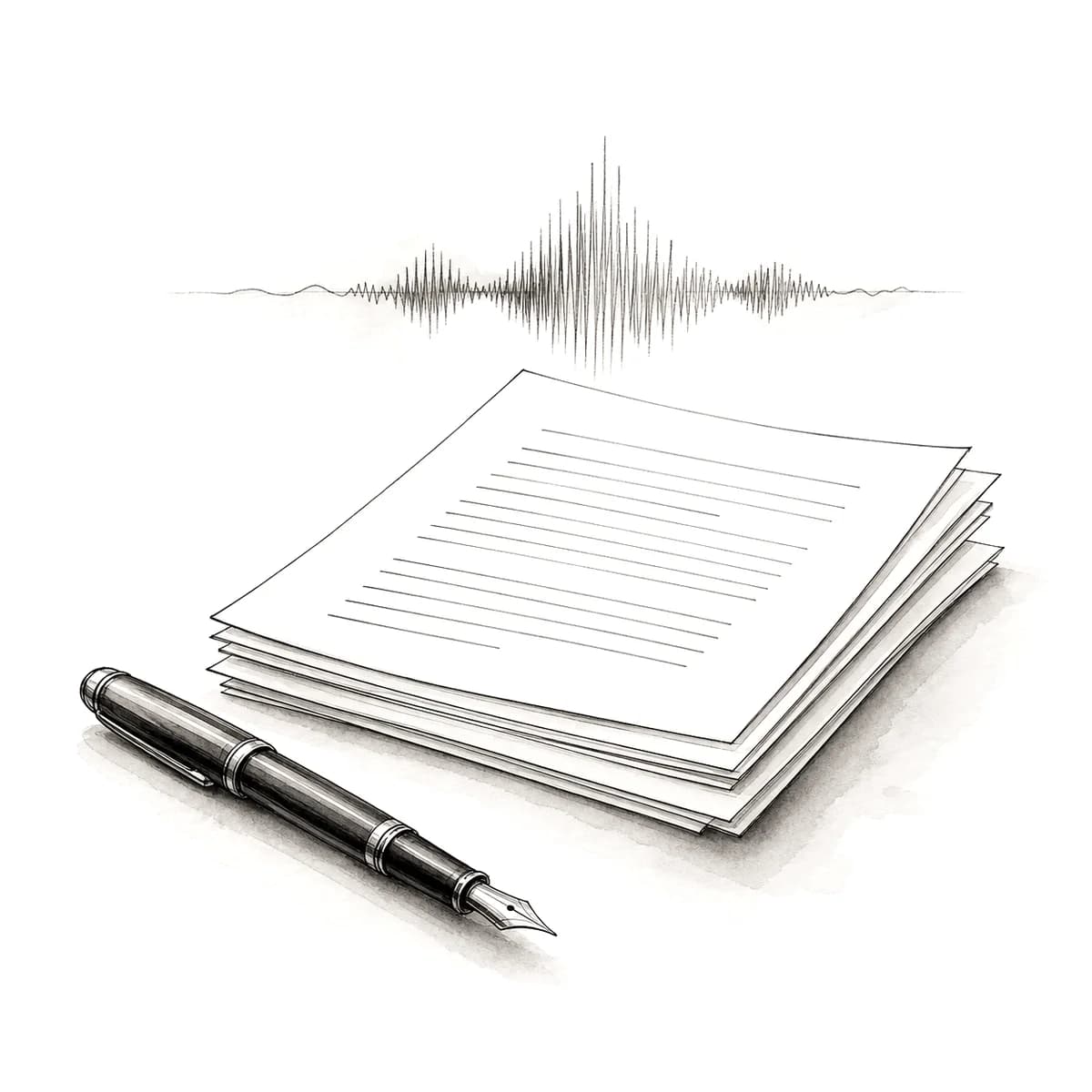 Ink illustration of a fountain pen beside a stack of legal documents with a sound wave above them