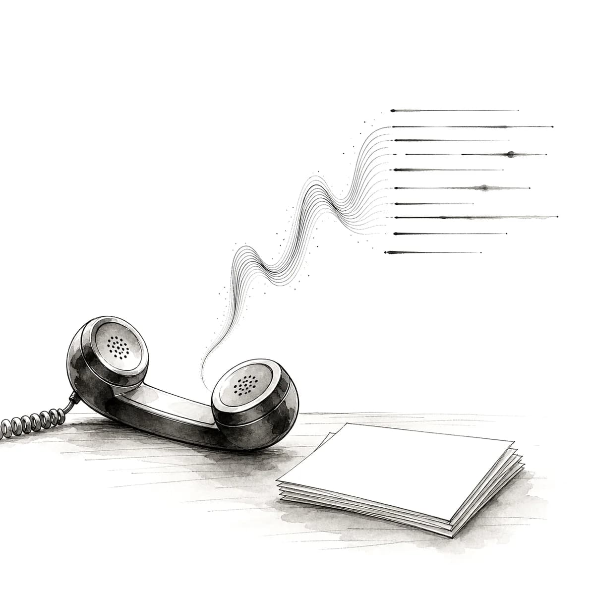 Ink illustration of a phone handset with a sound wave rising into tidy note lines