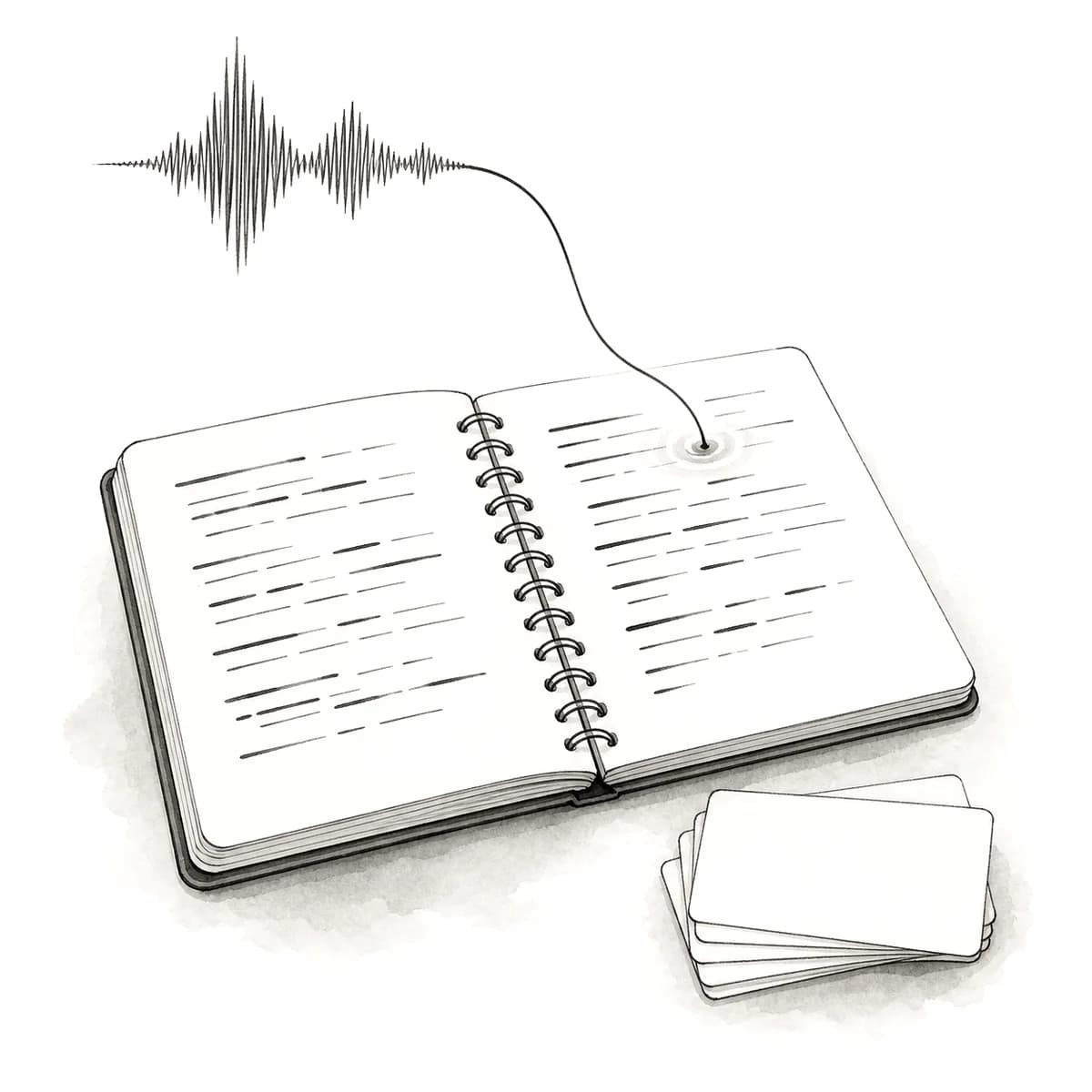 Ink illustration of an open notebook and index cards with a sound wave arcing onto the page