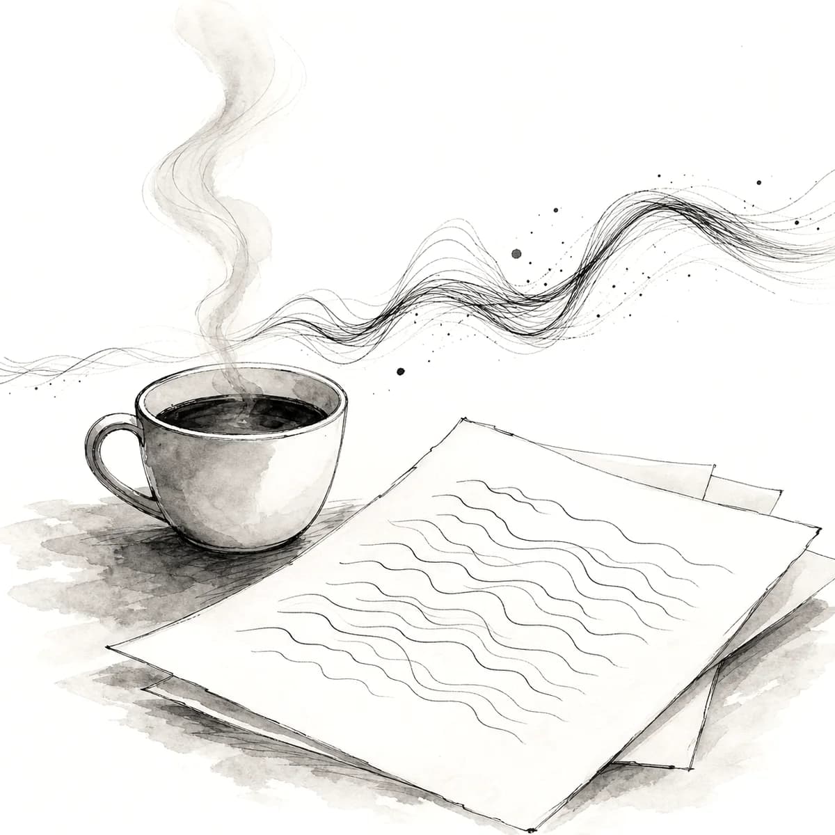 Ink illustration of a coffee cup beside manuscript pages with a sound wave drifting across